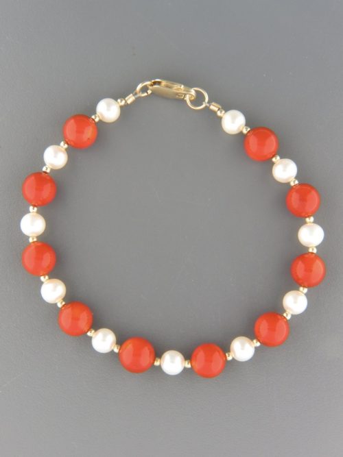 Red Coral & Pearl Bracelet - 8mm round stones with round beads - CO919
