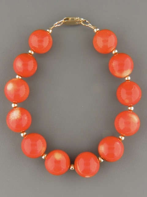Red Coral Bracelet - 12mm round stones with Gold beads - CO928