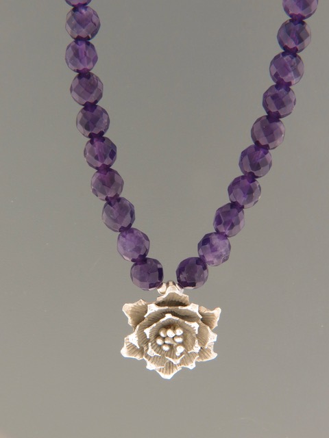 Amethyst Necklace - 8mm round faceted stones with Sterling Silver flower - A119