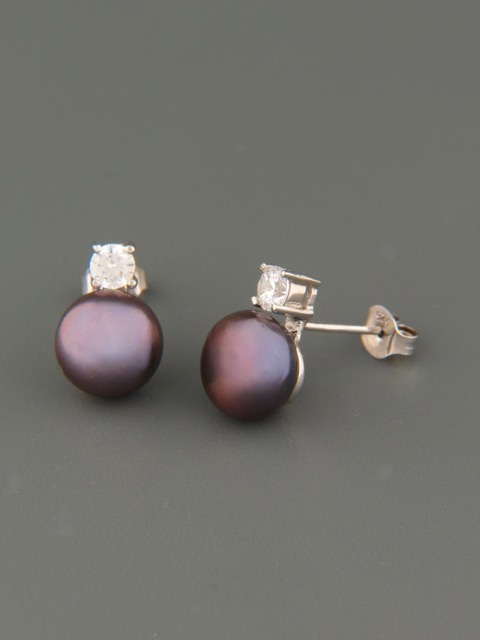 10mm dark Pearl stud Earrings with Zircon - Sterling Silver - Y506