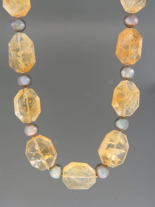Citrine Necklace with Pearls - octagonal faceted stones - 50cm - C026