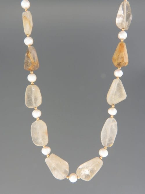 Rutile Quartz & Pearl Necklace - irregular stones - 45cm - RU002