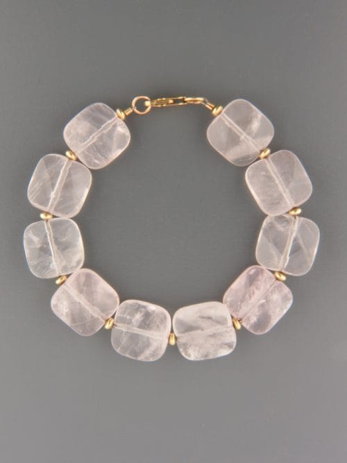 Rose Quartz Bracelet - square faceted stones with gold beads - RQ914