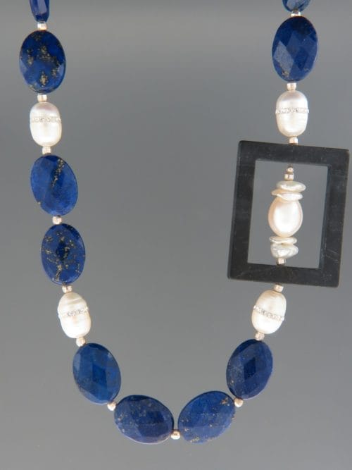 Lapis Lazuli Necklace with Pearls - oval faceted stones - 53cm - LL032