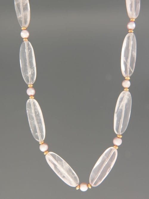 Rose Quartz Necklace with Pearls - with gold beads - RQ055
