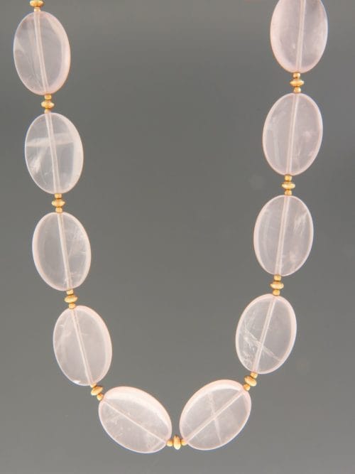 Rose Quartz Necklace - oval stones with gold beads - 45cm - RQ058