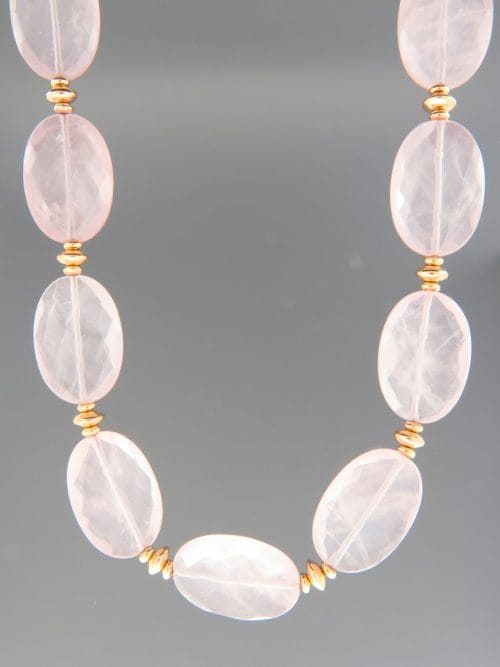 Rose Quartz Necklace - oval faceted stones with gold beads - RQ059