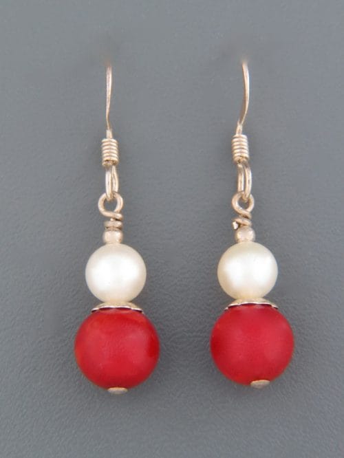 Red Coral Earrings with Pearl - Sterling Silver - CO518