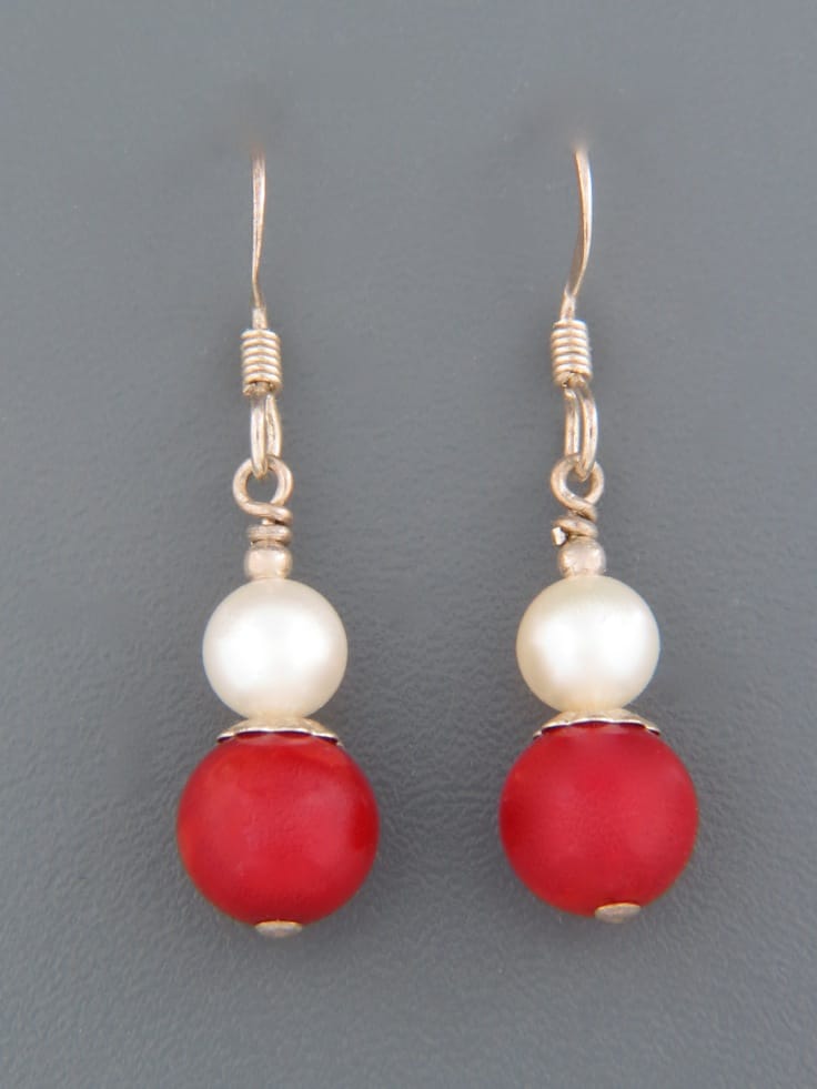 Red Coral Earrings with Pearl - Sterling Silver - CO518