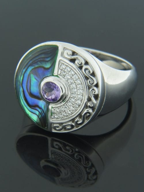 Paua Shell Ring with Amethyst & Zircon - Sterling Silver - PA113R