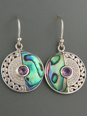 Paua Shell Earrings with Amethyst - Sterling Silver - PA551
