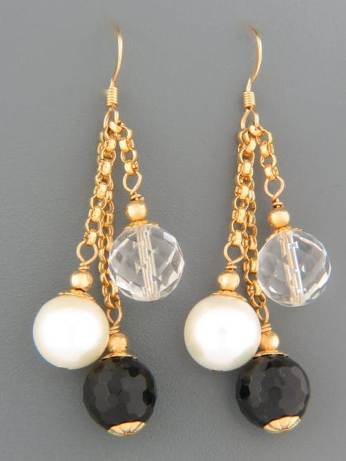 Onyx, Pearl & Quartz Earrings - 14ct Gold Filled - OX513