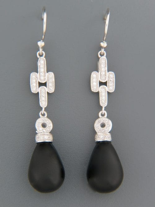 Onyx Earrings with Zircon - Sterling Silver - OX541