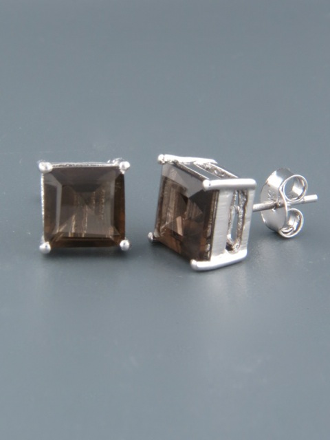 Smokey Quartz Earrings - Sterling Silver stud - 8mm stones - SQ511