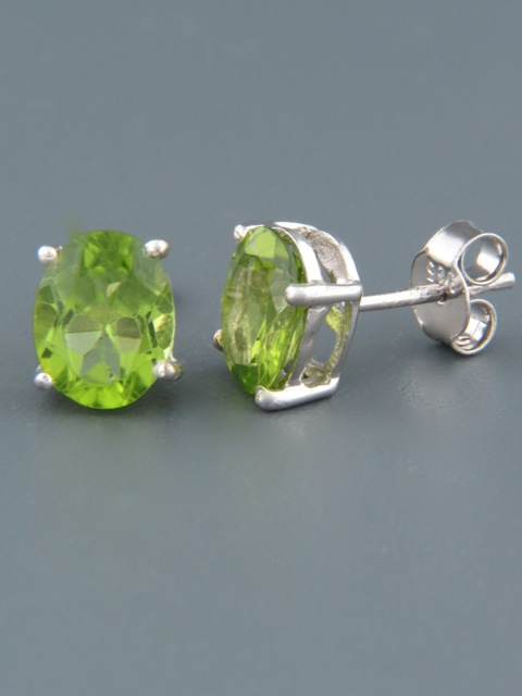Peridot Earrings - Sterling Silver stud - 7x9mm stones - P509