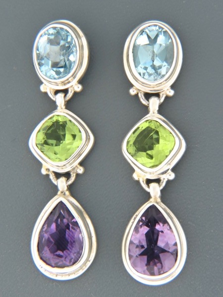 Blue Topaz, Peridot & Amethyst Earrings - Sterling Silver - X500