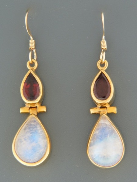Moonstone Earrings with Garnet - Gold Vermeil - MS533GV
