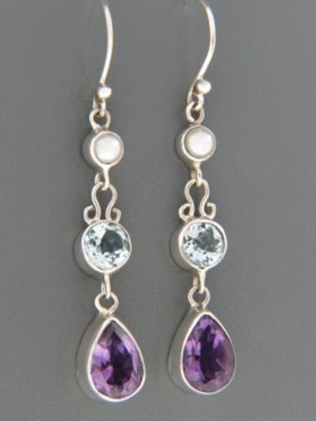 Amethyst, Blue Topaz & Pearl Earrings - Sterling Silver - A696