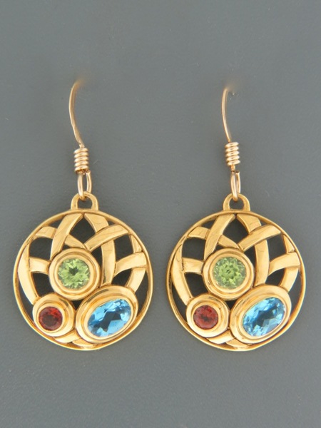 Blue Topaz, Peridot & Garnet Earrings - Gold Vermeil - BT598GV