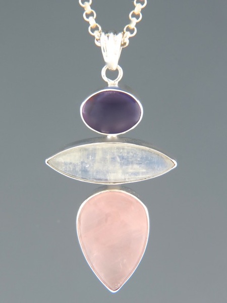Rose Quartz, Moonstone & Amethyst Pendant - Sterling Silver - MIX304