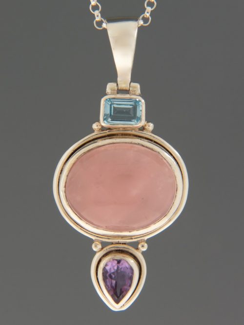 Rose Quartz Pendant with Blue Topaz & Amethyst - Sterling Silver - RQ378