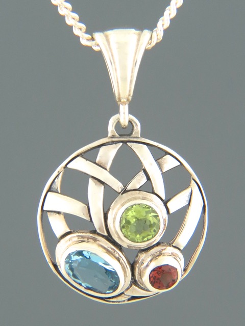 Blue Topaz, Peridot & Garnet Pendant - Sterling Silver - BT395