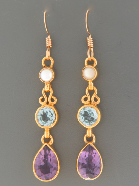 Amethyst, Blue Topaz &  Pearl Earrings - Gold Vermeil - A696GV