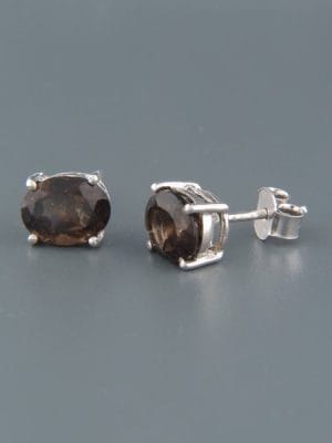 Smokey Quartz Earrings - Sterling Silver stud - 7x9mm stones - SQ549