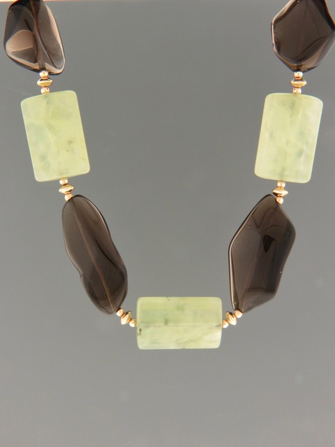 Smokey Quartz & Prehnite Necklace - with Gold beads - PRN001