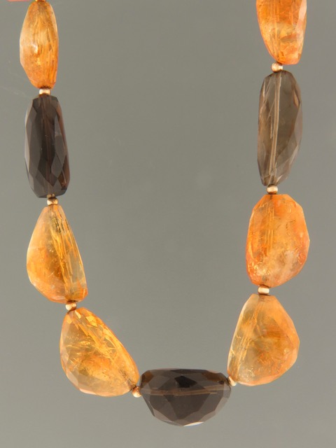 Citrine & Smokey Quartz Necklace with Gold beads - C001