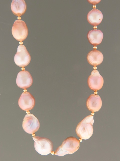 Pink Baroque Pearl Necklace with round Gold beads - YPBQ13